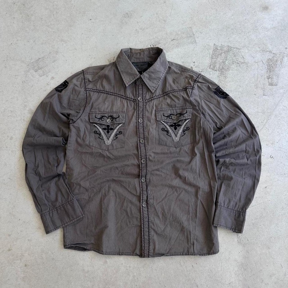 Vintage Y2K Grunge Cross Graphic Button Up Shirt Size XL